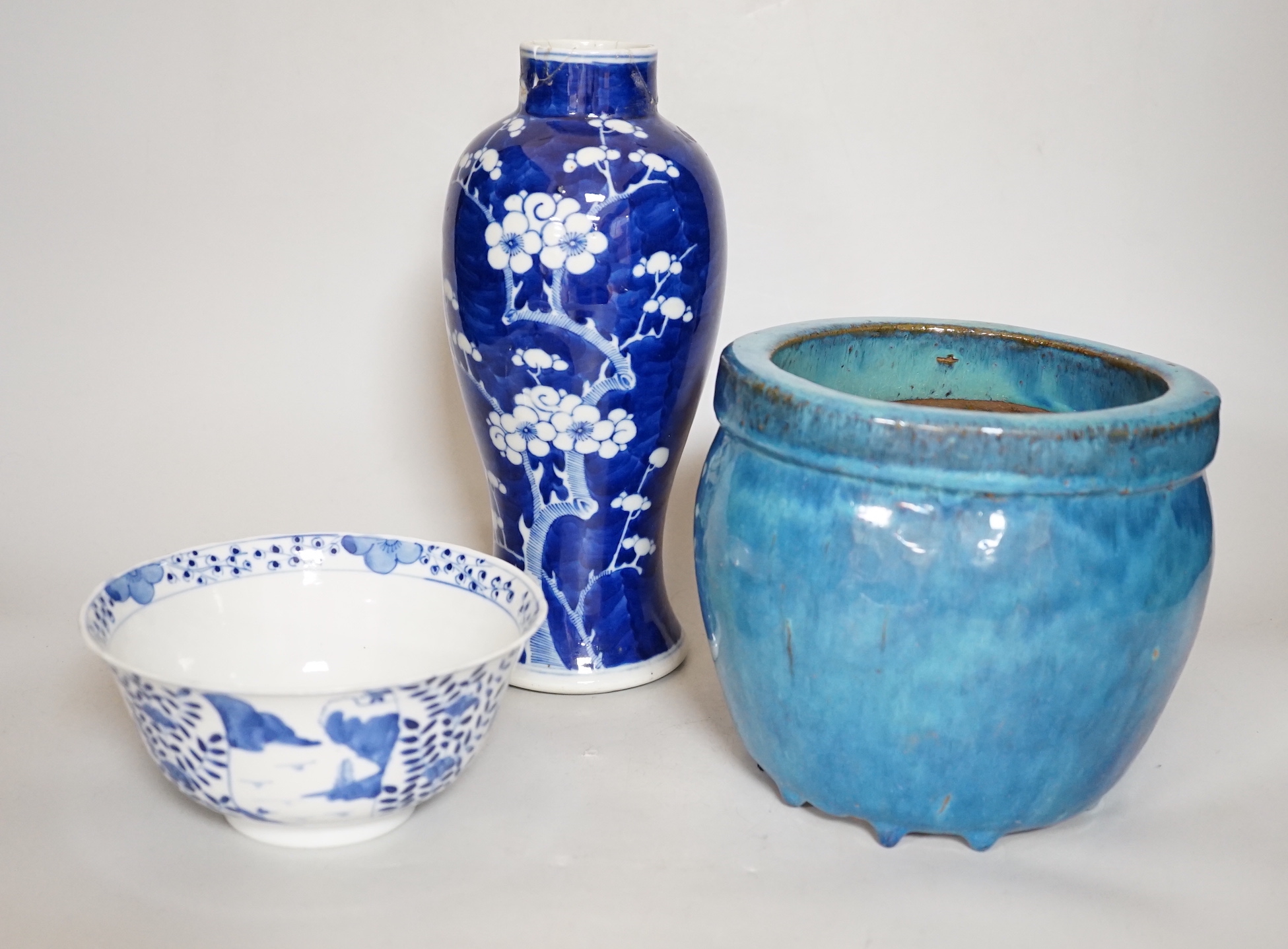 A Chinese blue and white prunus vase, a Jun type pottery planter and a blue and white bowl, vase 25.5cm high